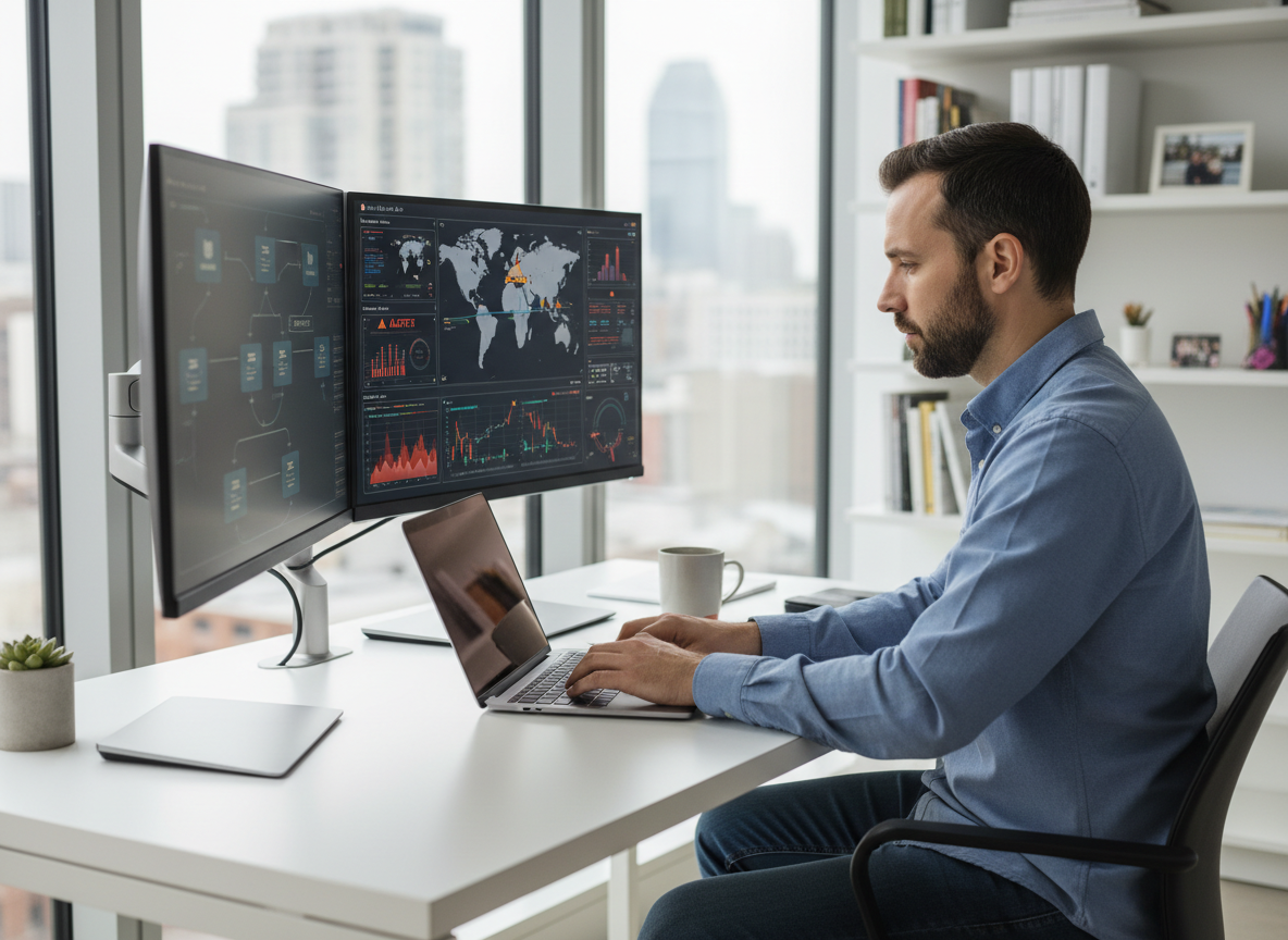 A professional IT support technician working remotely on a laptop, with a clean desk setup, dual monitors showing network diagrams and security dashboards, in a modern office environment. Realistic, professional photography style.