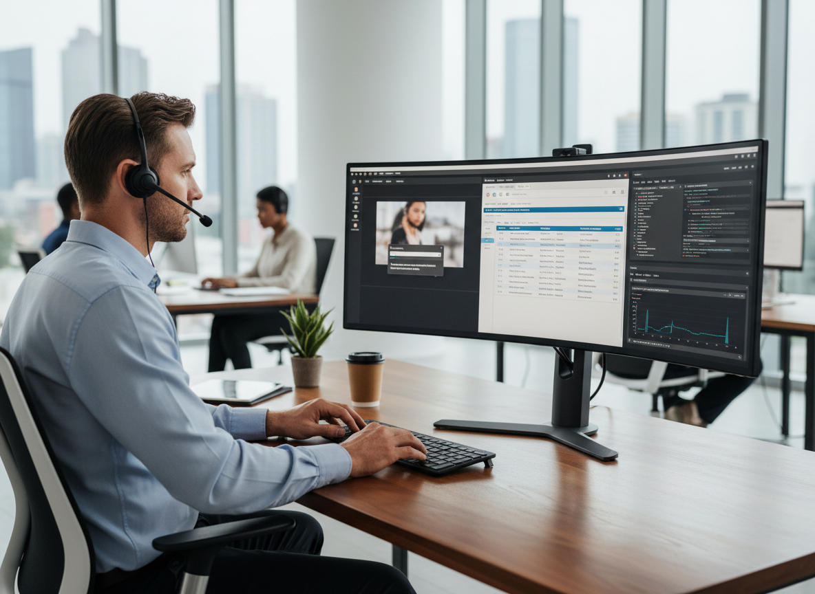 A professional IT technician providing remote desktop support, with a computer screen showing a remote connection interface, help desk software, and diagnostic tools. Clean, modern office setting. Professional photography style.