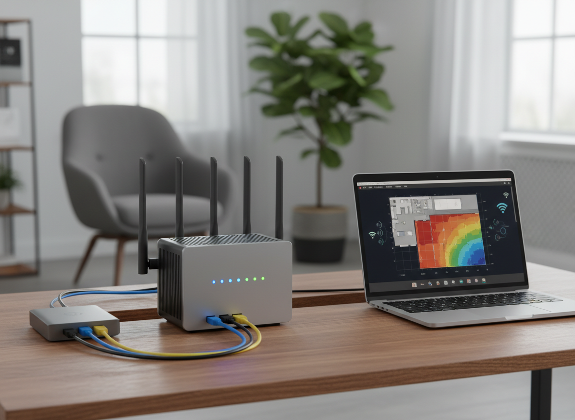 A professional WiFi networking setup showing a modern wireless router with glowing LEDs, network cables, and a laptop displaying a WiFi signal strength map. Clean home or office environment.