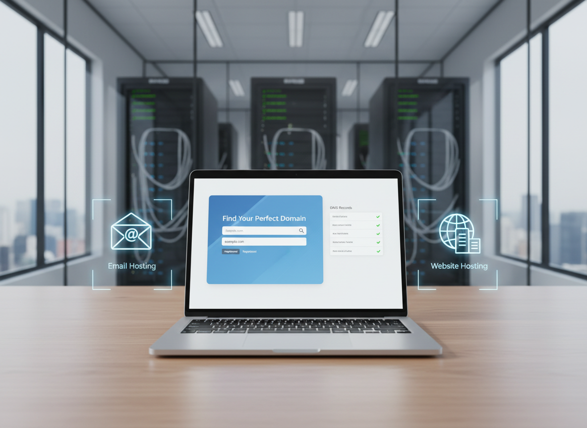 A professional domain hosting and web services concept showing a laptop with a domain registration and DNS management dashboard, with server racks in the background.